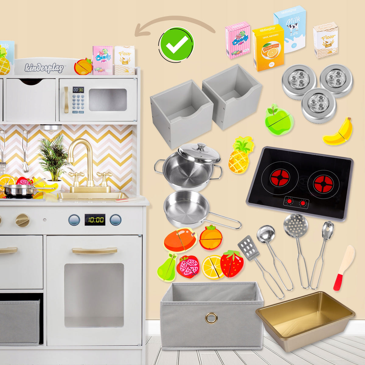 WOODEN KITCHEN FOR CHILDREN KINDERPLAY LED LIGHT SOUND PREMIUM 107cm Brand Kinderplay