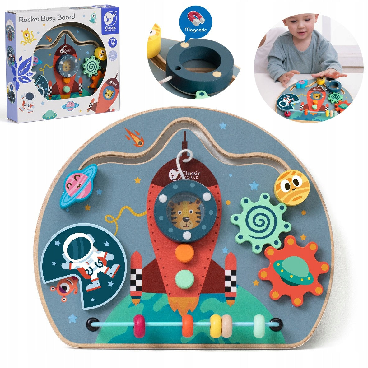 WOODEN MANIPULATION BOARD MULTIFUNCTIONAL SPACE ROCKET PLANET MAGNE