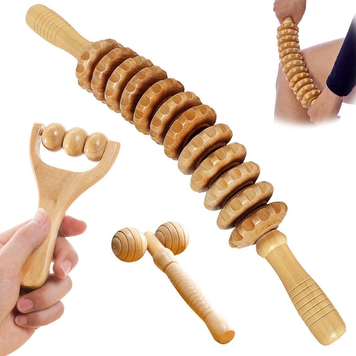 WOODEN MASSAGE ROLLER 3PCS FASCIA ROLLER BEECH