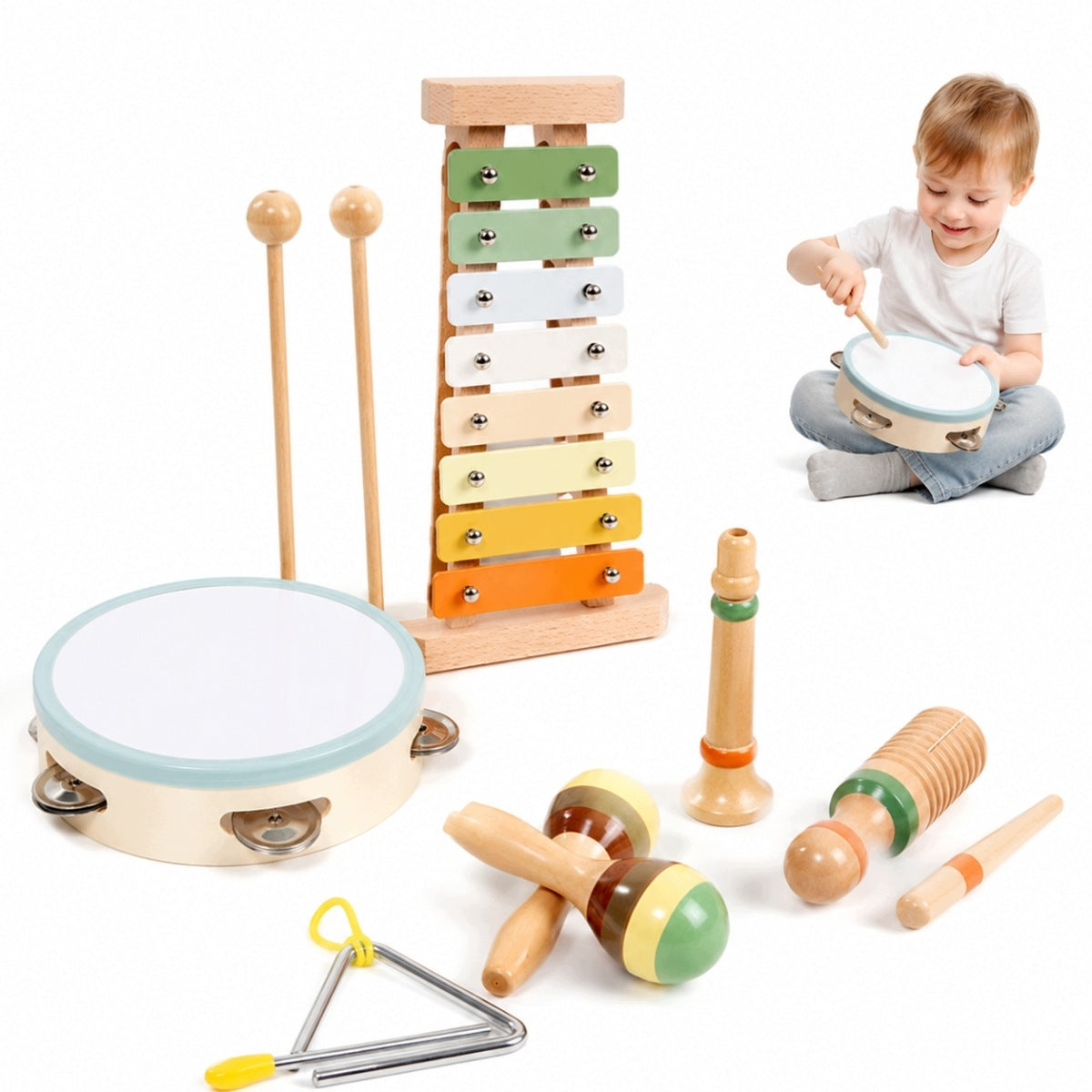 WOODEN MUSICAL INSTRUMENTS FOR CHILDREN SET, CYMBALS, Xylophone