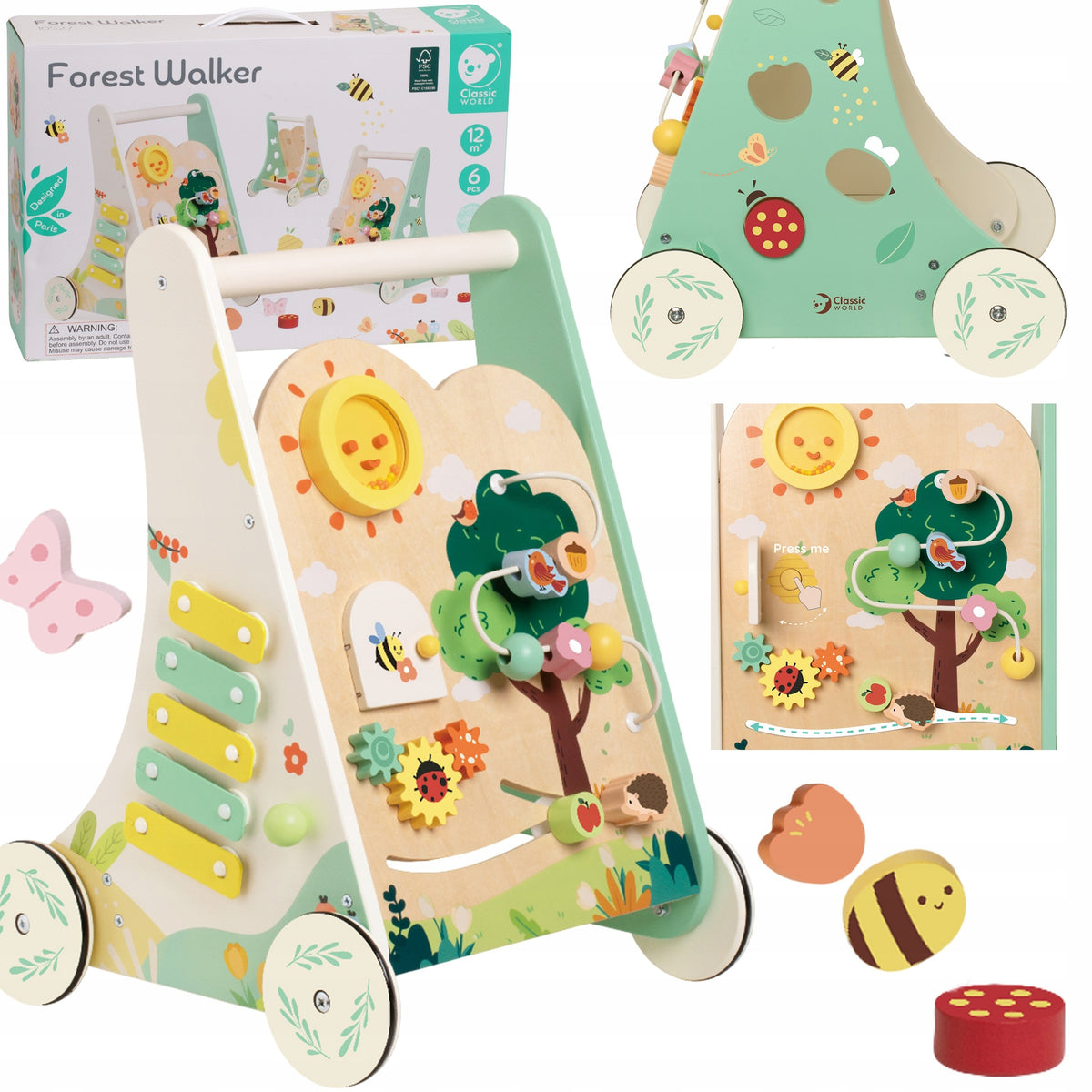 WOODEN PUSHER ACTIVITY WALKER MONTESSORI CIHCE CIRCLES CLASSIC WORLD