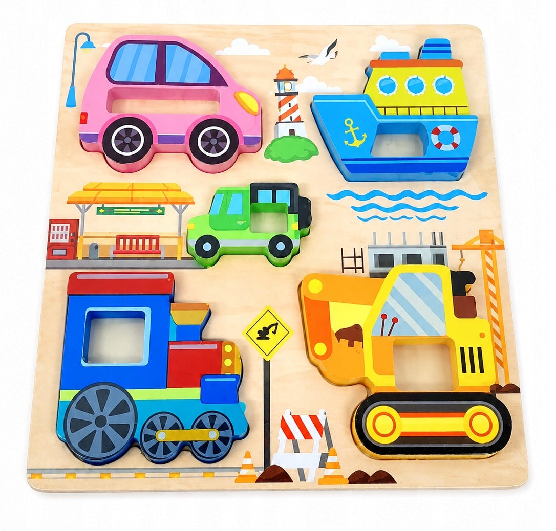 WOODEN PUZZLE MONTESSORI EDUCATIONAL BLOCKS VEHICLE EXCAVATOR AUTO Brand no brand