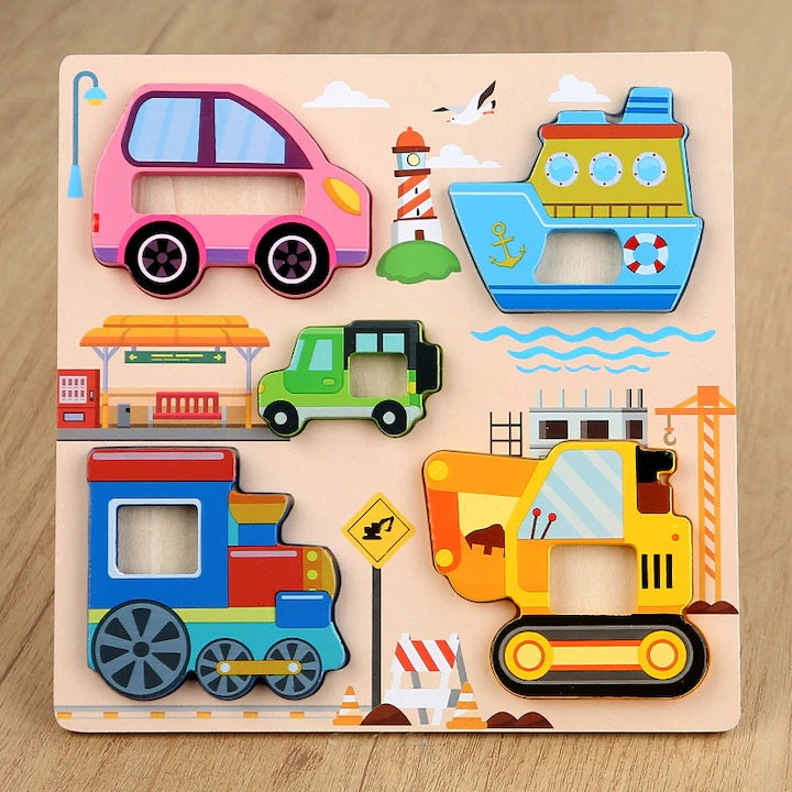 WOODEN PUZZLE MONTESSORI EDUCATIONAL BLOCKS VEHICLE EXCAVATOR AUTO Packaging status original
