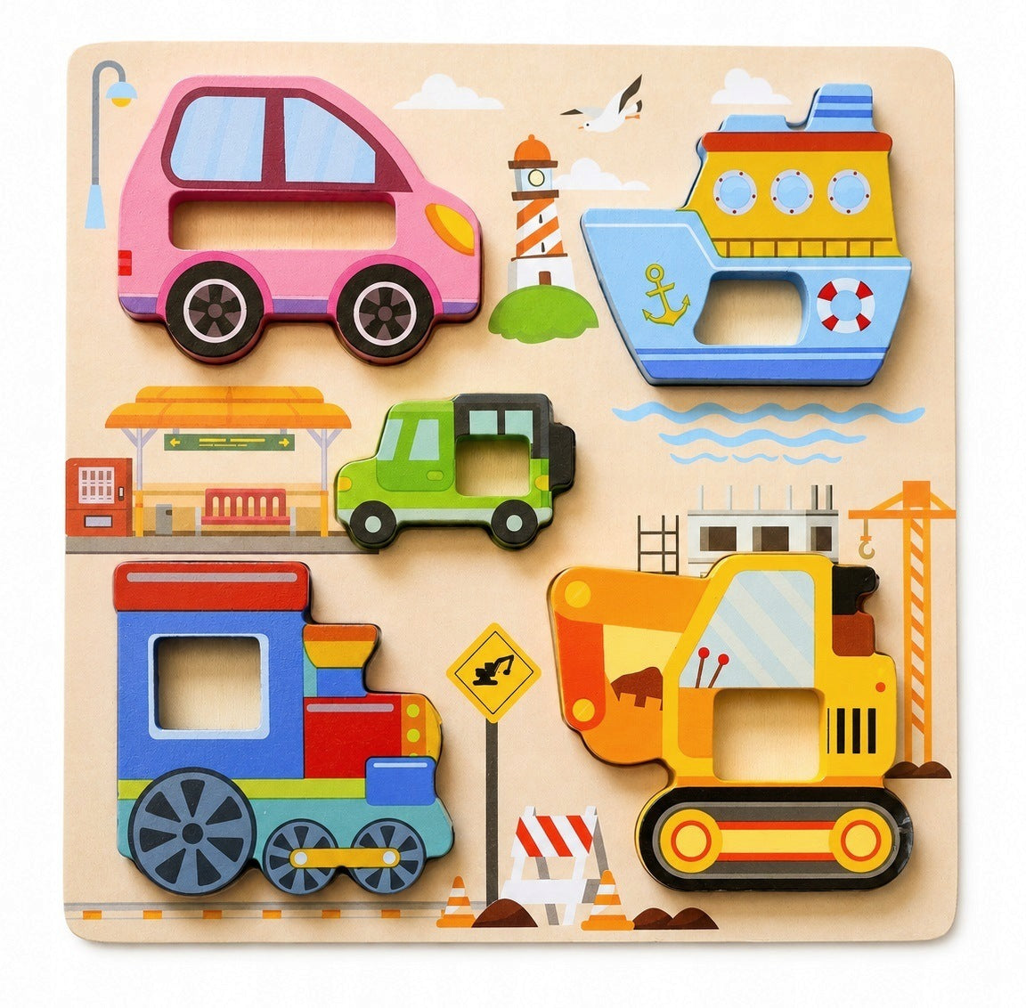 WOODEN PUZZLE MONTESSORI EDUCATIONAL BLOCKS VEHICLE EXCAVATOR AUTO