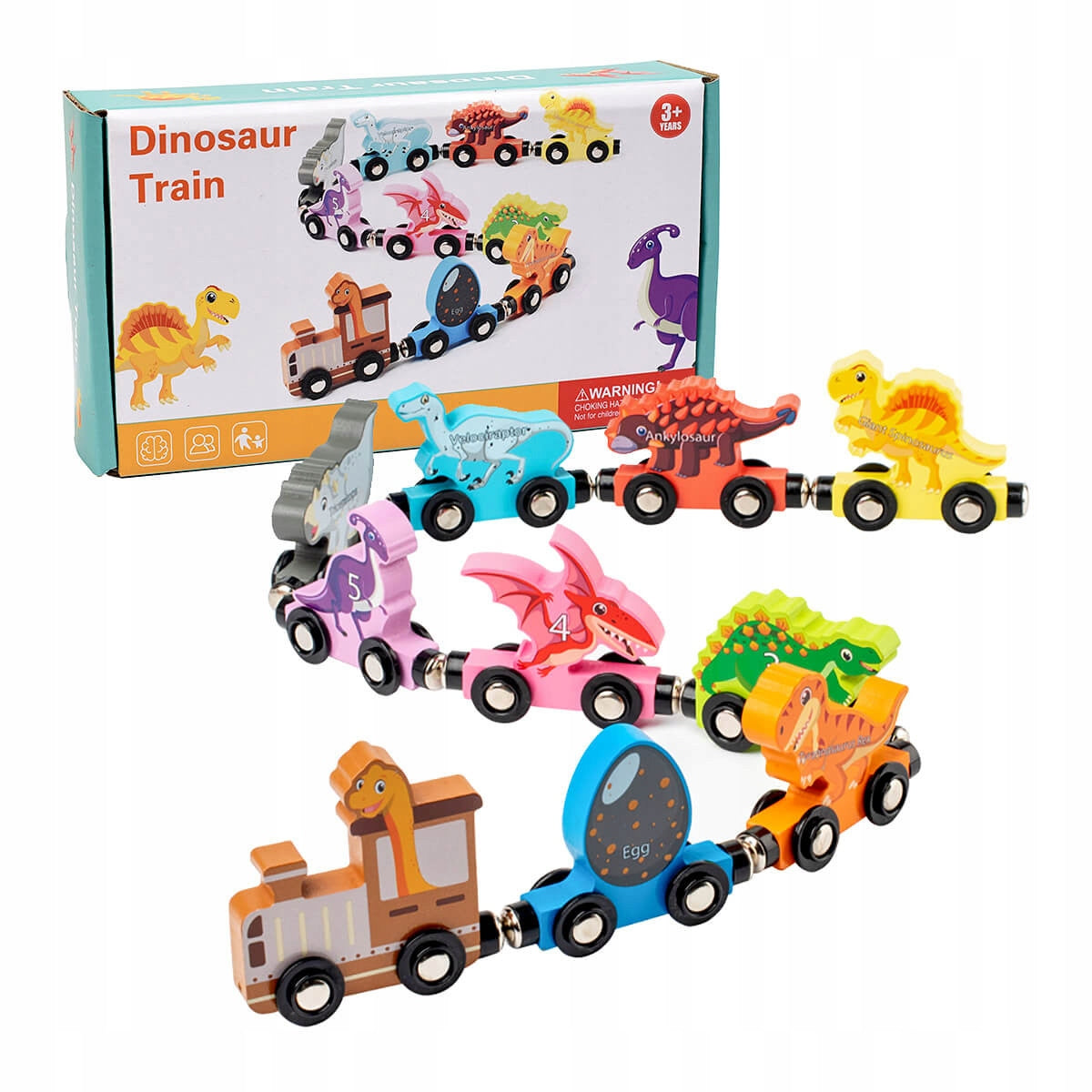 WOODEN QUEUE, TRAIN WITH MAGNET WAGONS WITH EDUCATIONAL DINOSAURS