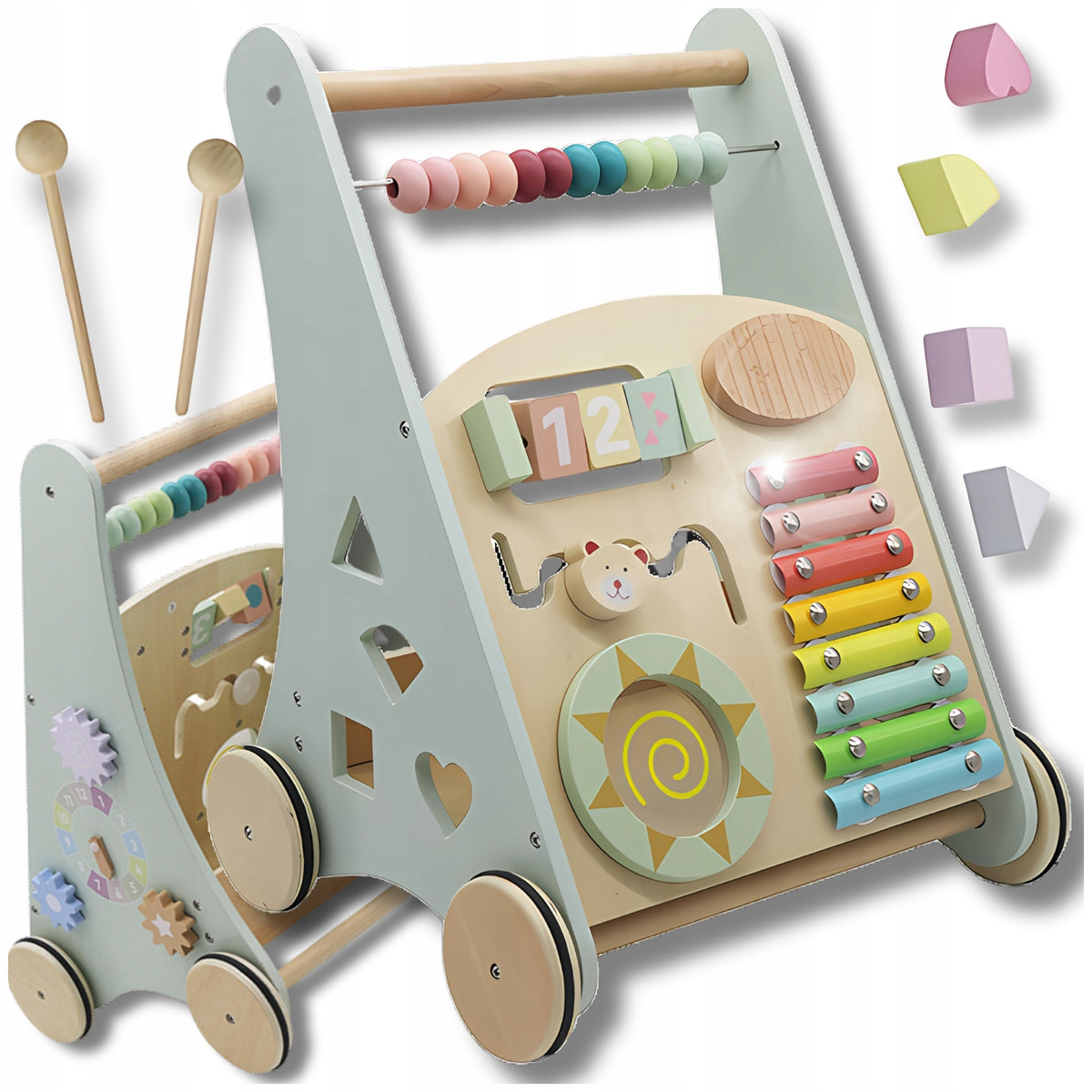 WOODEN SENSORY PUSHER 6IN1 BABY WALKER MANIPULATION BOARD