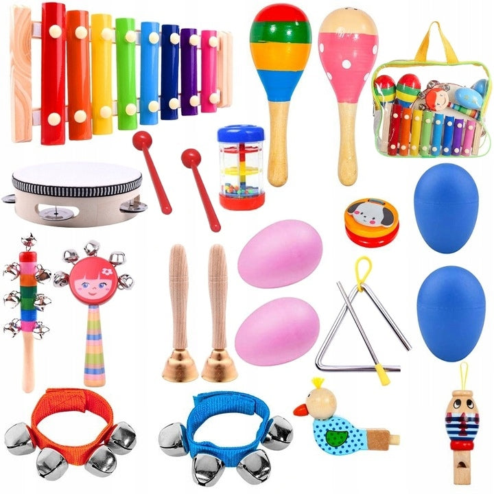 WOODEN SET OF INSTRUMENTS FOR CHILDREN EDUCATIONAL FLUTE CYMBALS GIFT Kind tambourine