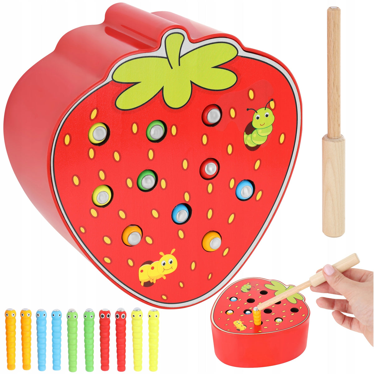 WOODEN STRAWBERRY GAME CATCH WORM FISHING ROD