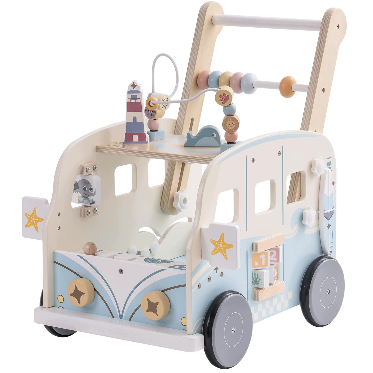 WOODEN STROLLER FOR LEARNING TO WALK MULTIFUNCTIONAL WITH WHEELS AND BLOCKS