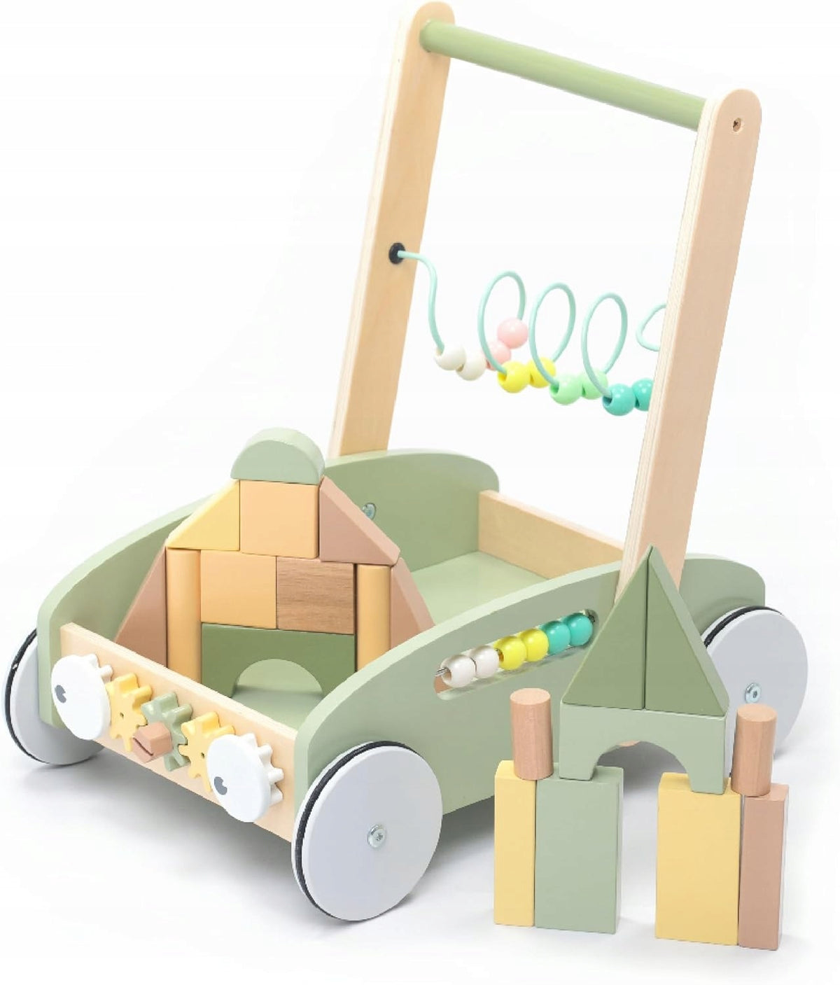 WOODEN STROLLER FOR LEARNING TO WALK WITH RUBBER WHEELS WALKING AID