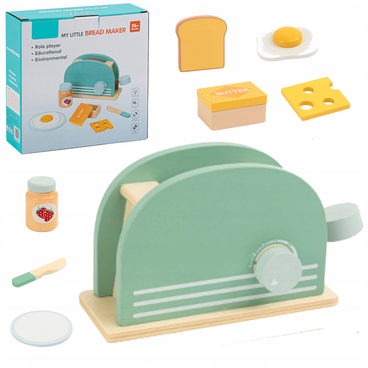 WOODEN TOASTER Kids Breakfast Set with Play Accessories