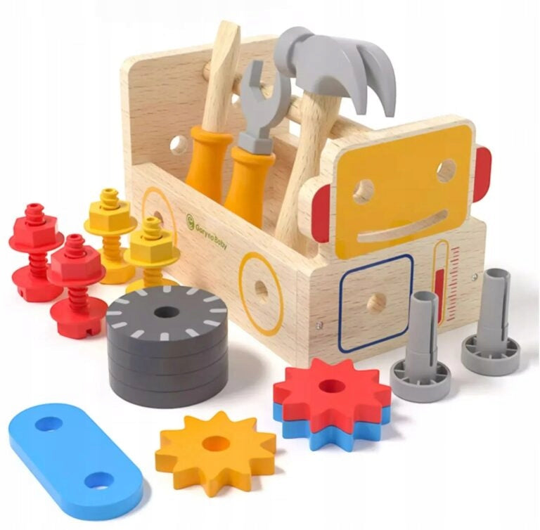 WOODEN TOOL BOX HAMMER SCREWDRIVER SCREWS