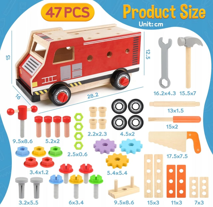 WOODEN TOOL CASE MONTESSORI 47 EL. WORKSHOP SET FOR CHILDREN Manufacturer code Drewniany zestaw narzędzi straż pożarna