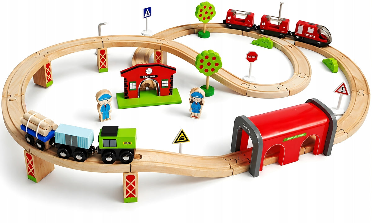 WOODEN TRAIN RAILWAY Battery Operated Track Set WITH TRAIN + Tracks and Bridge Brand Sferazabawek