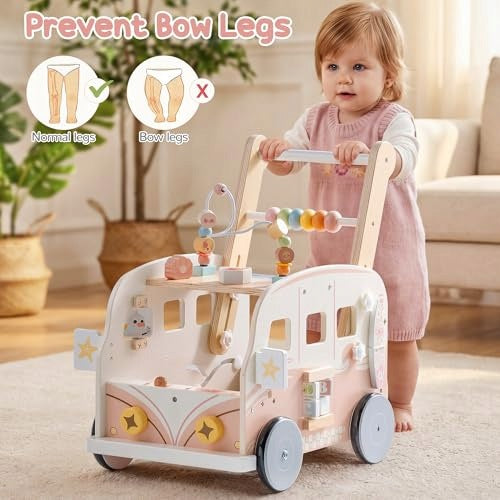 WOODEN WALKER FOR BABIES MULTIFUNCTIONAL ADJUSTABLE HEIGHT Color pink