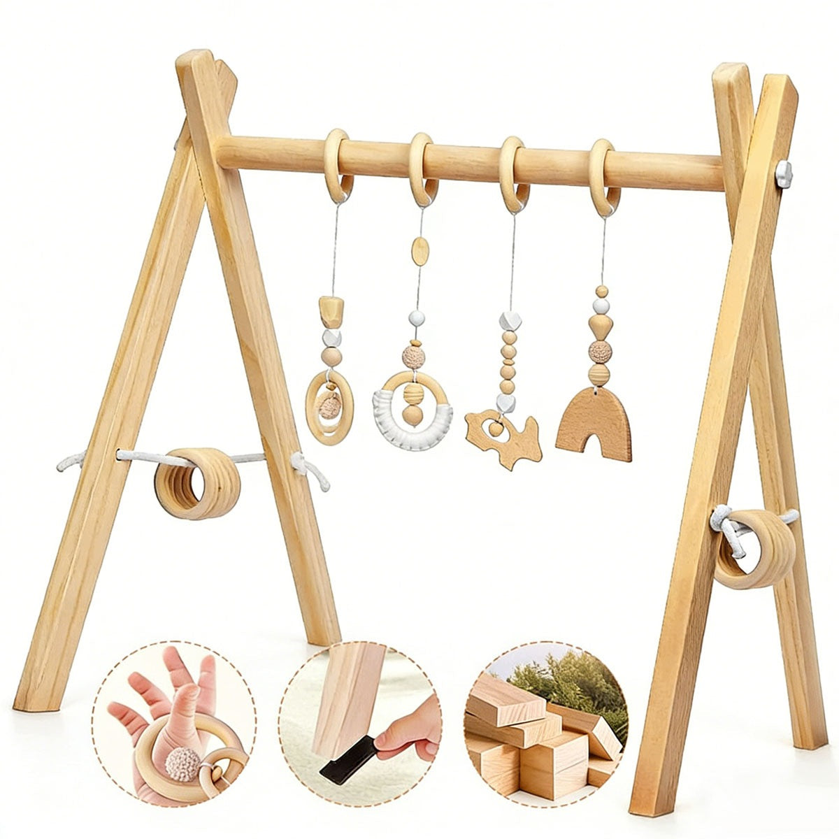 WOODEN educational stand Baby Gym development and fun babies +4 pendants