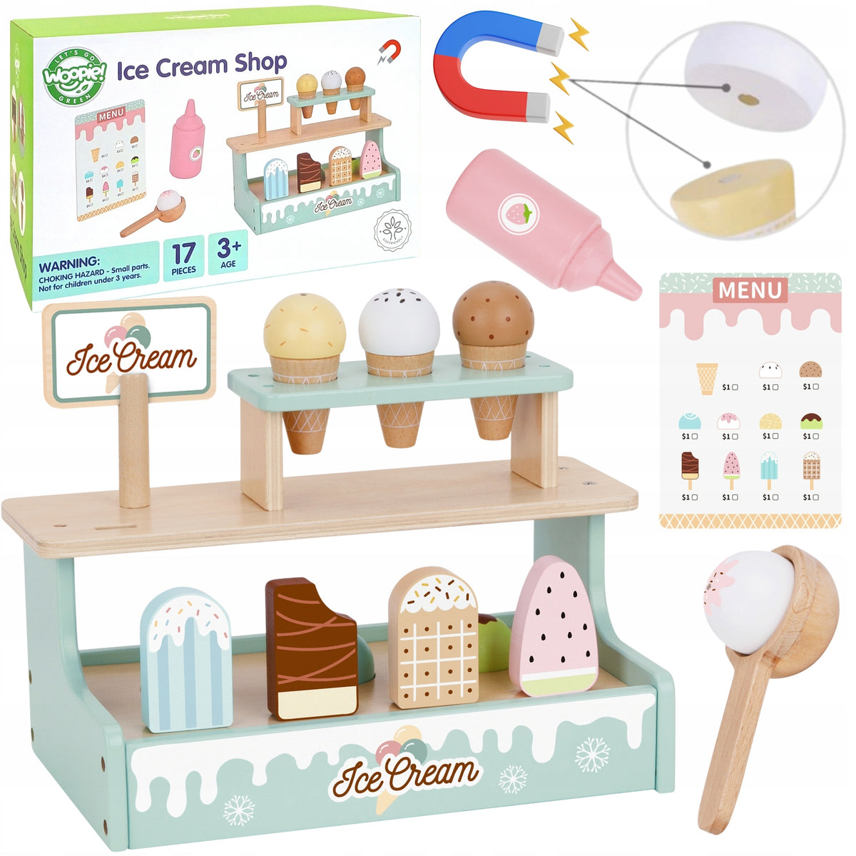WOOPIE GREEN Wooden Ice Cream Shop Ice Cream Set 16 EL Stragan 3L+