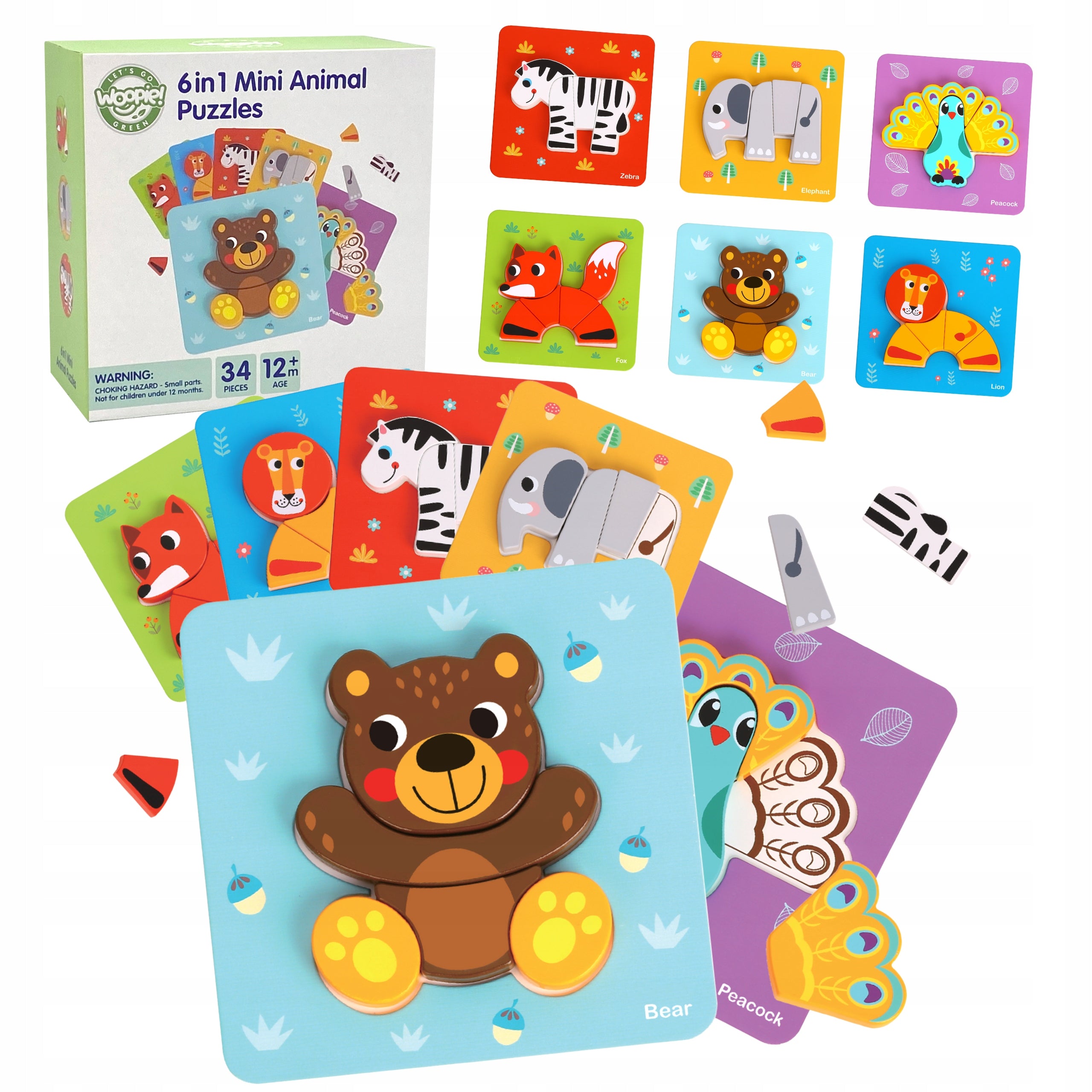 WOOPIE GREEN Wooden Puzzle Montessori Animal Blocks FSC 34el.