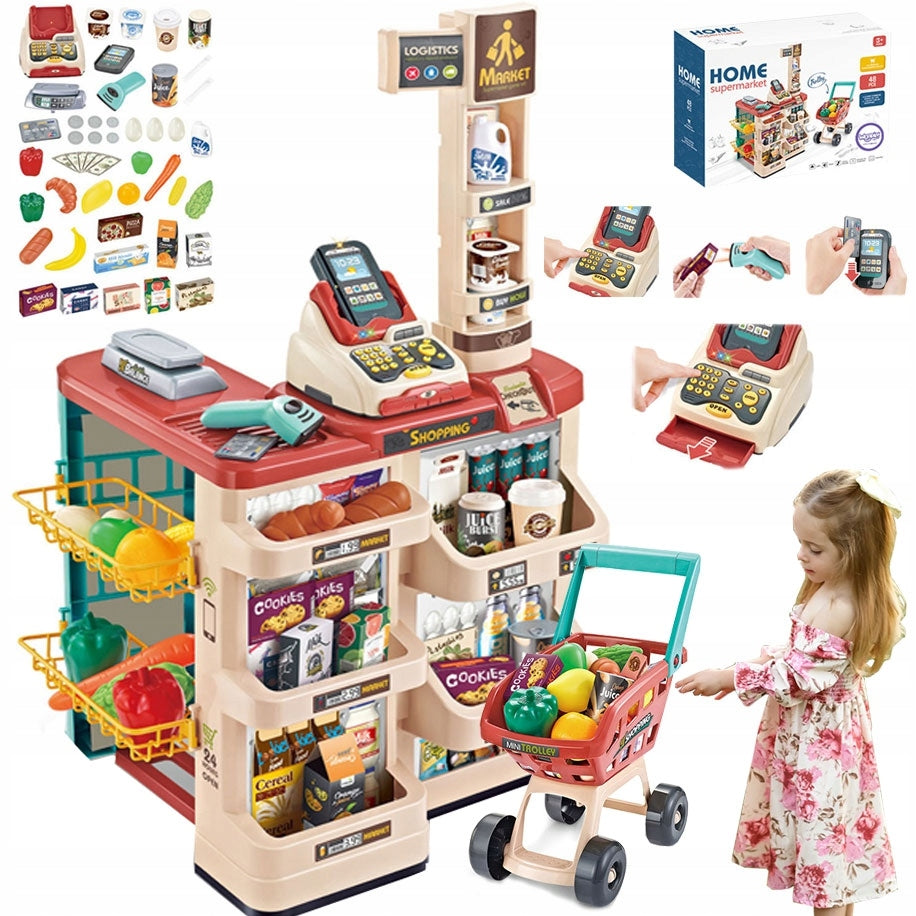 WOOPIE Shop Supermarket with Shopping Cart Weight Cash Register Scanner 48 Ac.