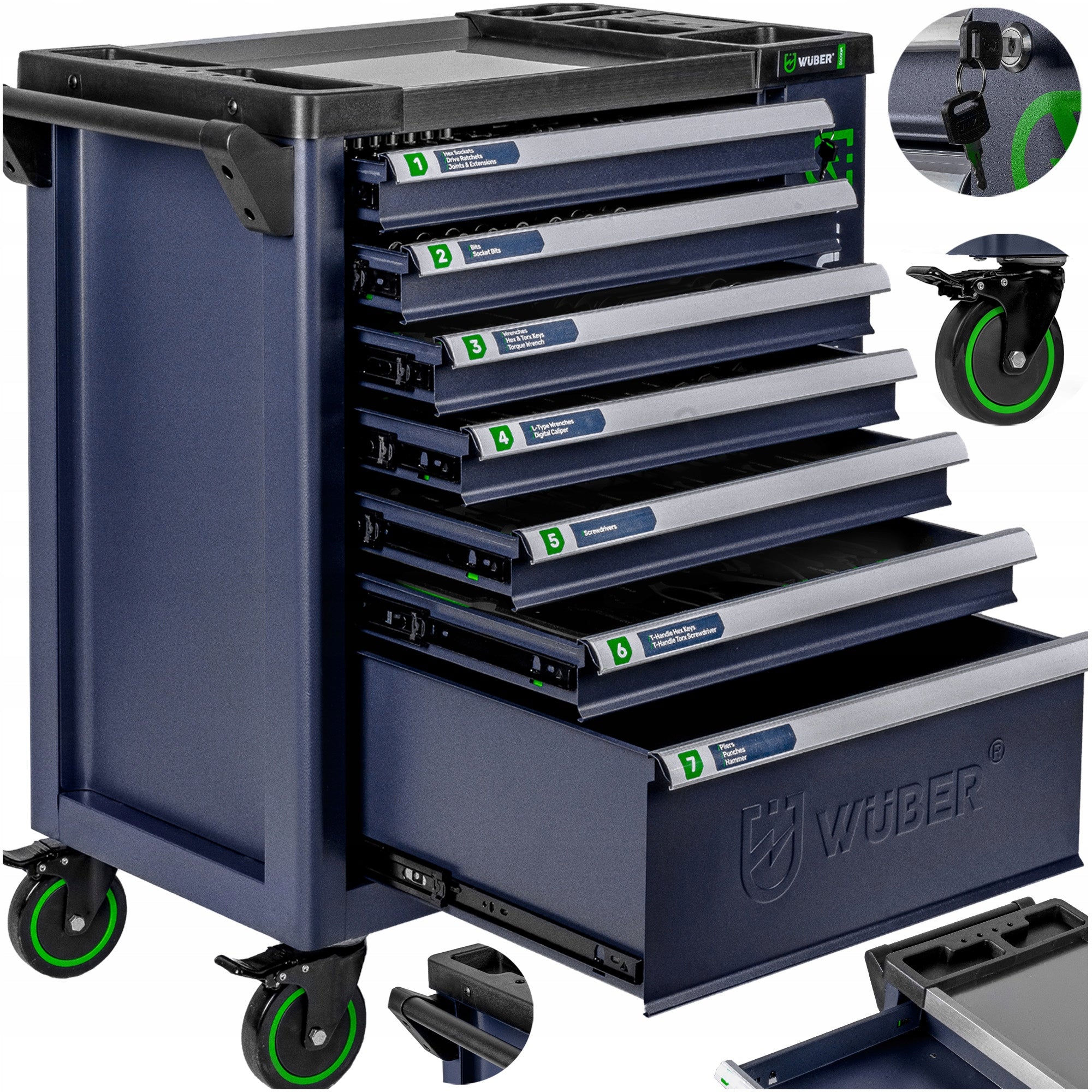 WORKSHOP TOOL CABINET ON WHEELS 7 DRAWERS WITH LOCK LARGE WUBER