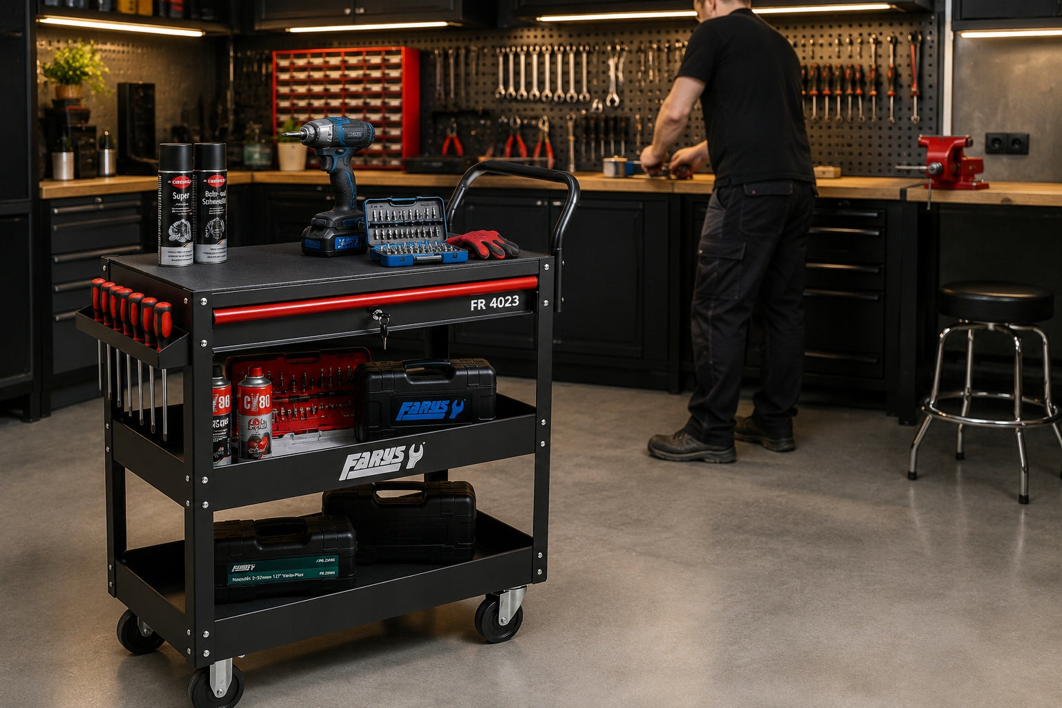 WORKSHOP TOOL TROLLEY ON WHEELS 3 SHELVES DRAWER FARYS Manufacturer code FR4023