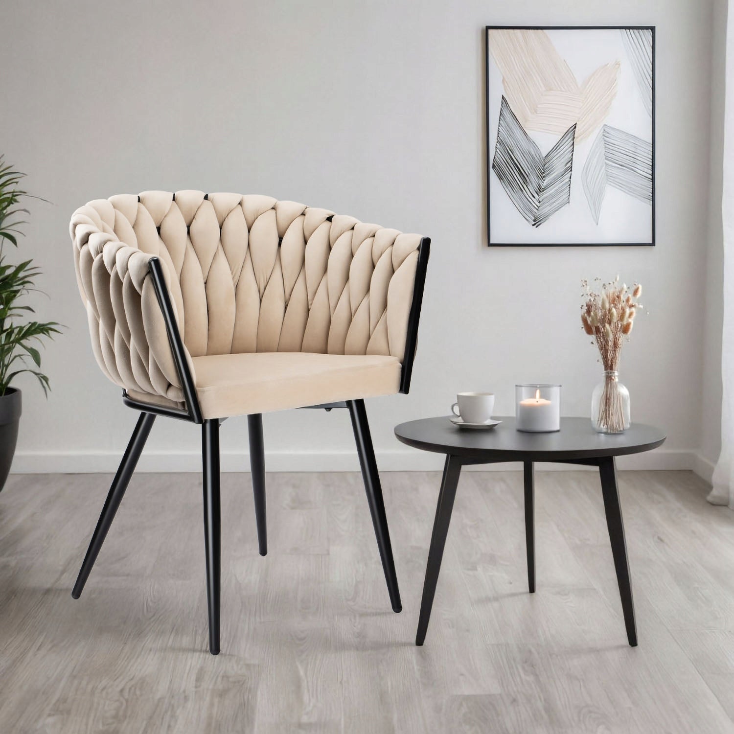 WOVEN CHAIR UPHOLSTERED BEIGE VELOUR VELVET GLAMOUR BLACK LEGS Packaging status original