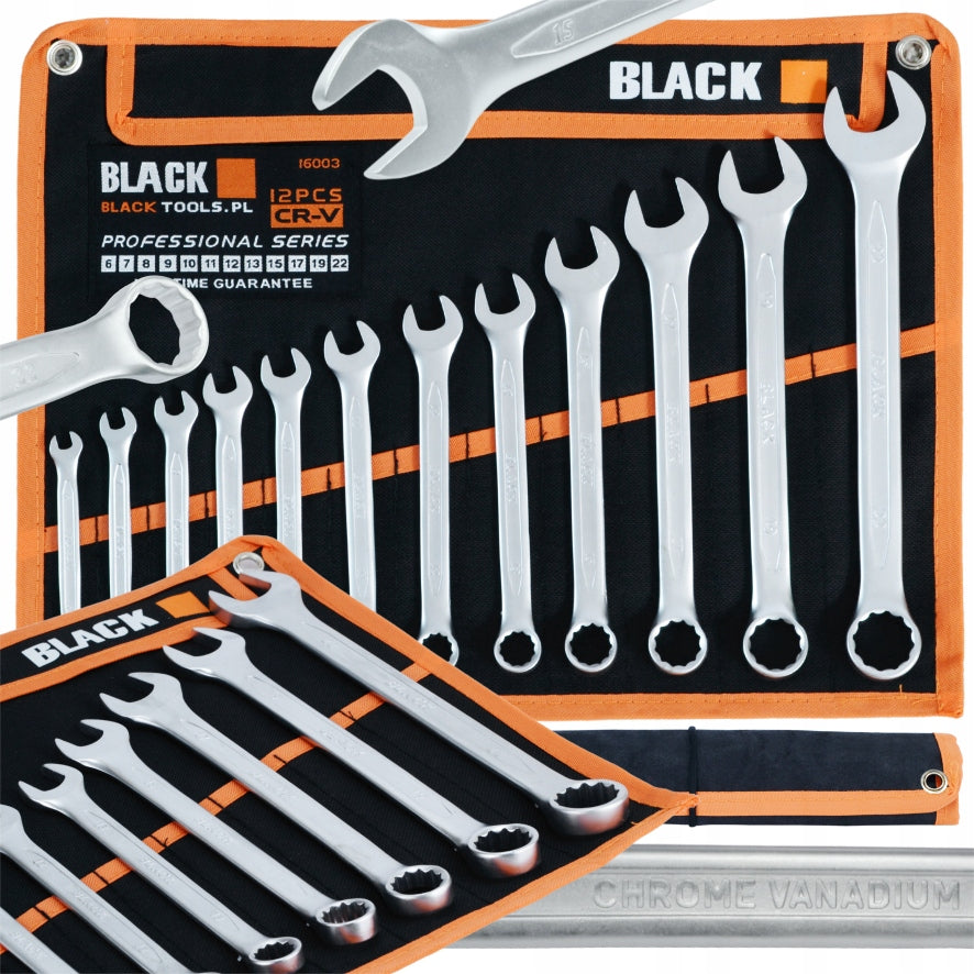 WRENCHE SET OPEN RING WRENCHES 6-22mm COLD STEMP HEATED 12pc CRV BLACK
