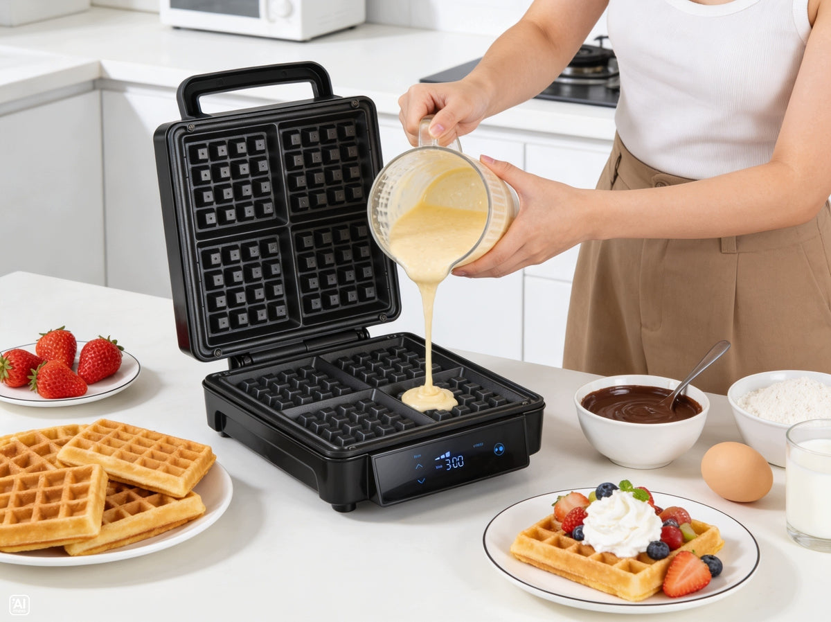 Waffle Iron 4 Large Crispy Waffles Strong Crisp Temperature Control Packaging status original