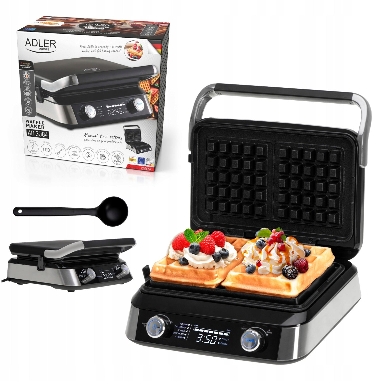 Waffle Iron For 2 Large Waffles XL 2400W 5 Programs Deep Plates Adler AD3084