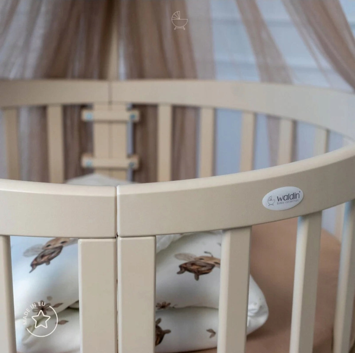 Waldin Wooden Cot (Oval) 7in1 Mattresses Wheels Belts, Cashmere Beige Packaging status original