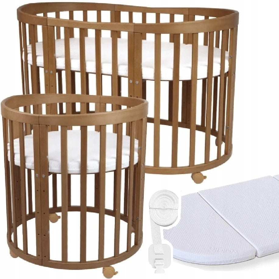 Waldin wooden cot (oval) 7in1 with mattress Wheels&Belt, Vintage brown