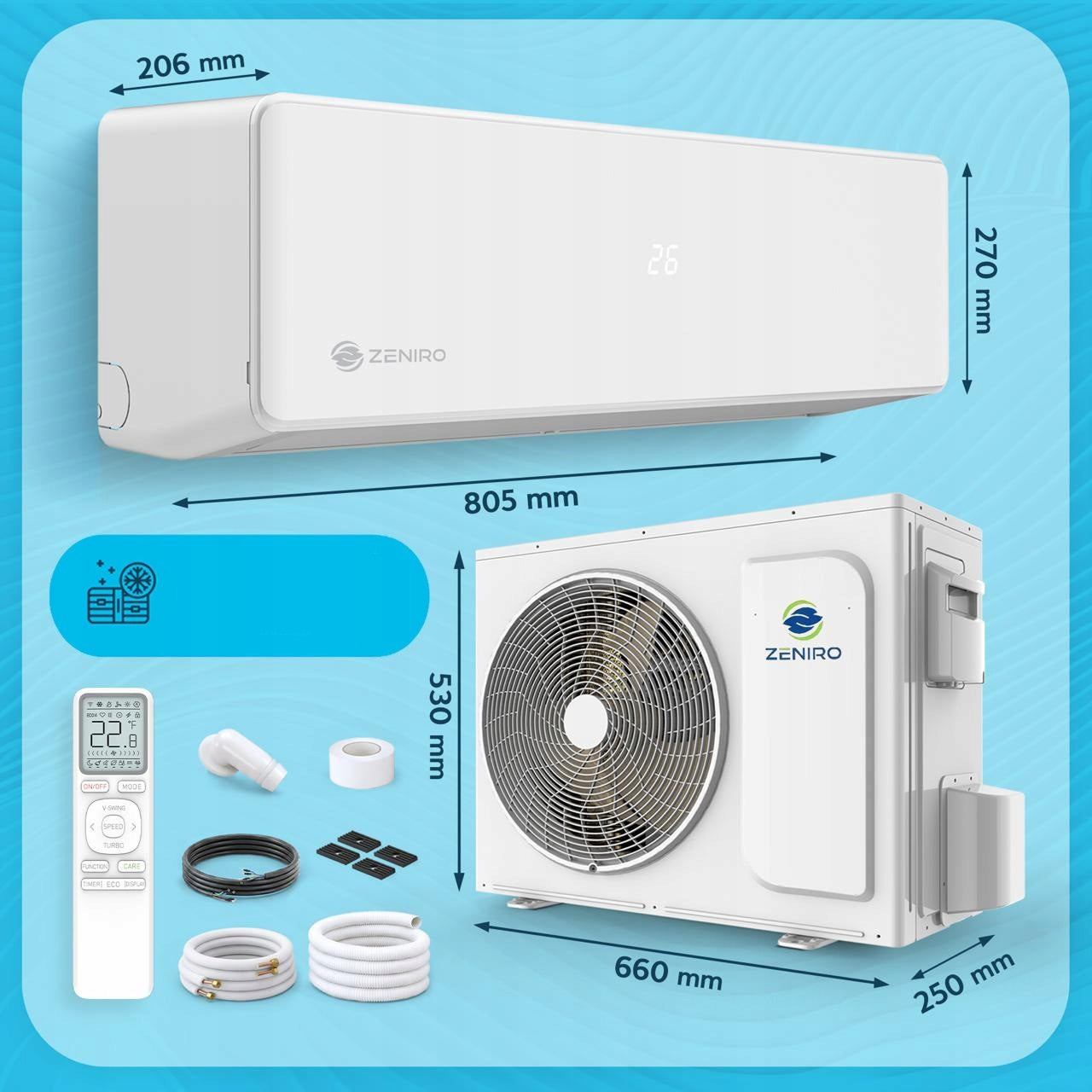 Wall Mounted Air Conditioner 3,5 kW 45m² WiFi Home Air Conditioning Heating Manufacturer code ZRO-PURE-12K-3M-MOS