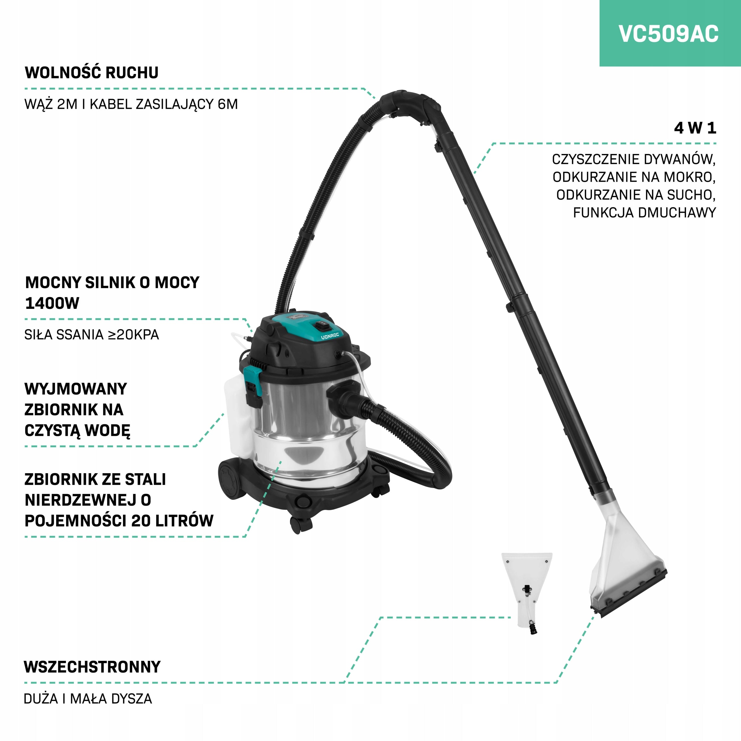 Washing Vacuum Cleaner VONROC 1400W | Spray function + 2 nozzles + detergent Brand Vonroc