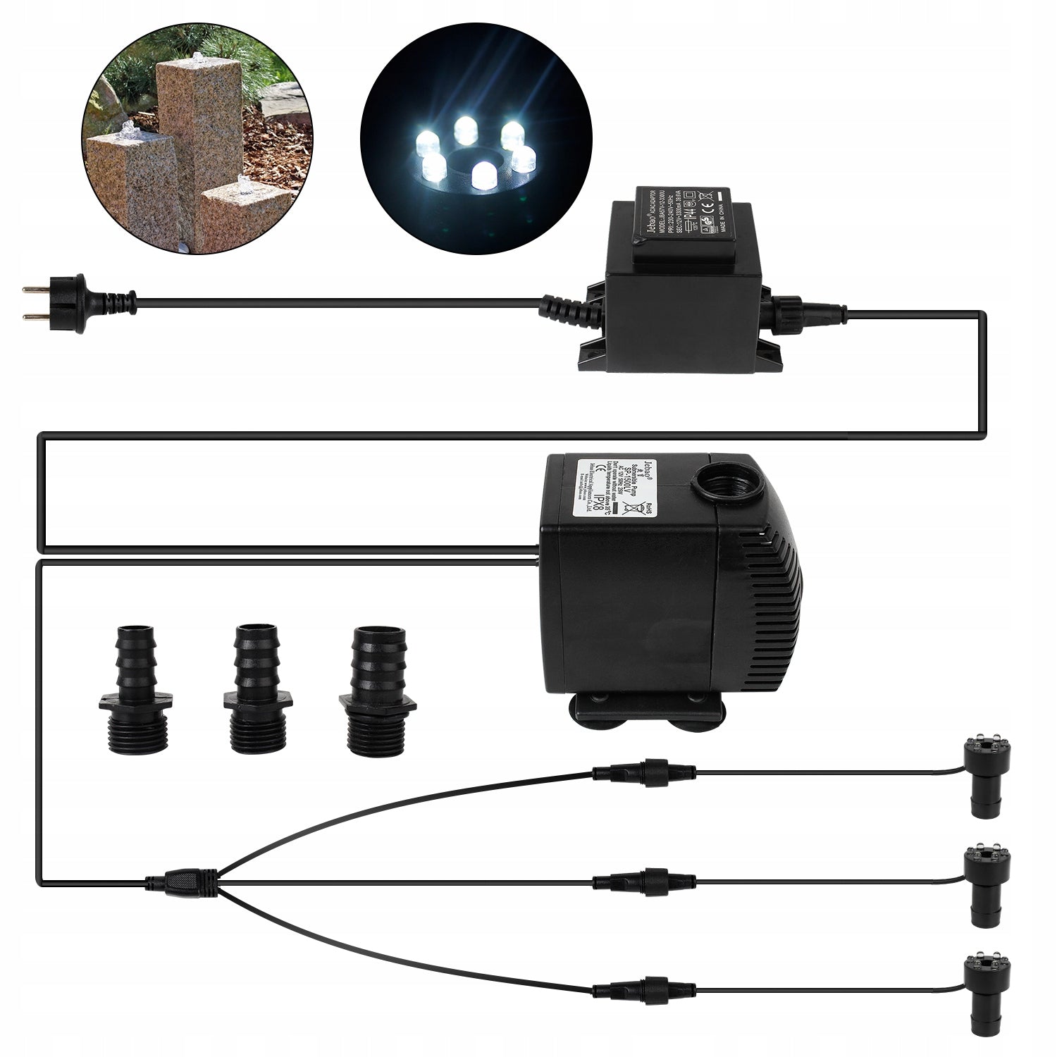 Water Eyelet Garden Fountain Pump 1500L/H With 3 LED Lighting