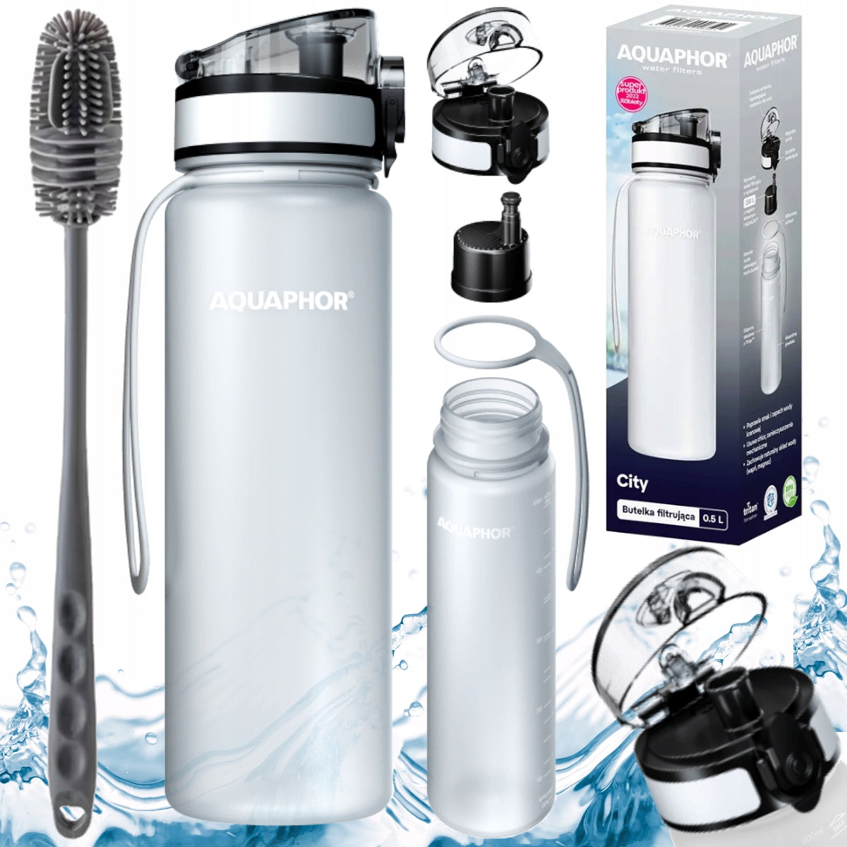 Water filter bottle AQUAPHOR CITY 0,5 L white + washing brush