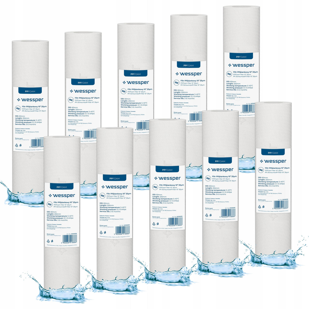 Water filter foam cartridge Wessper 10" 20 micron PP20 preliminary – 10 pieces