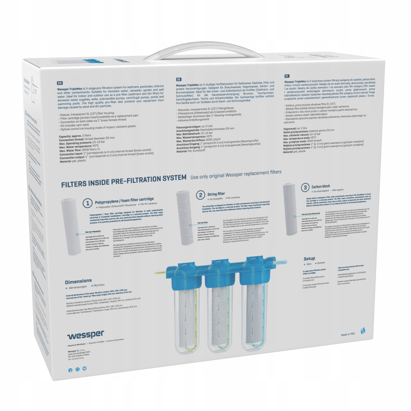Water filter pre-filtration body 1" 3-stage + 3 cartridges filters Manufacturer code WES6010