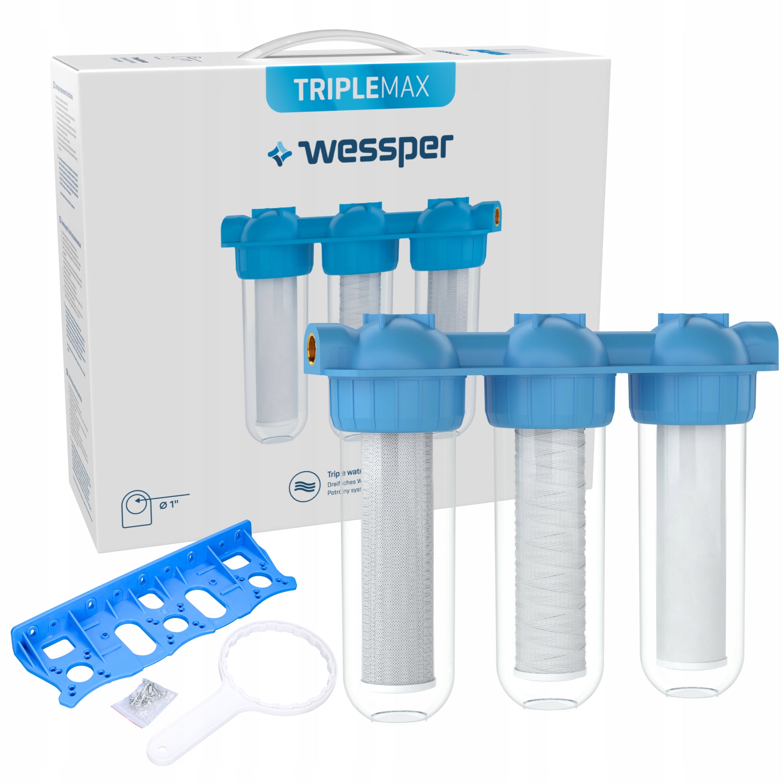 Water filter pre-filtration body 1" 3-stage + 3 cartridges filters