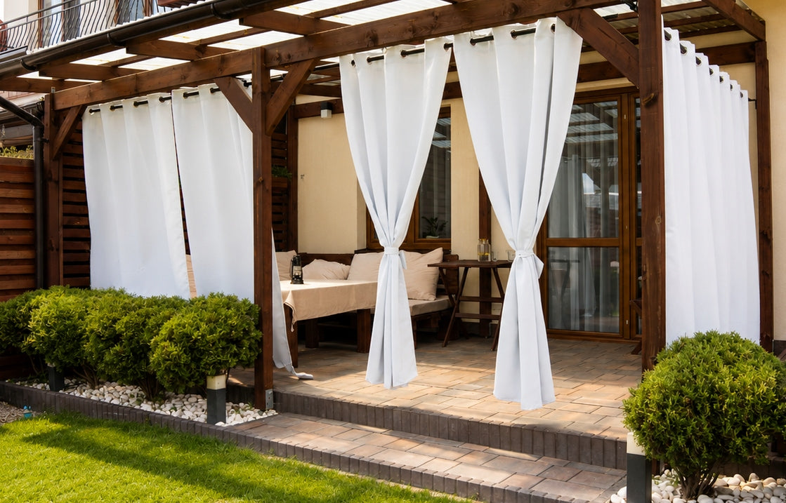 Waterproof Curtain Outdoor 140x200 GROMMETS CIRCLES Ash White WEIGHTS Packaging status original