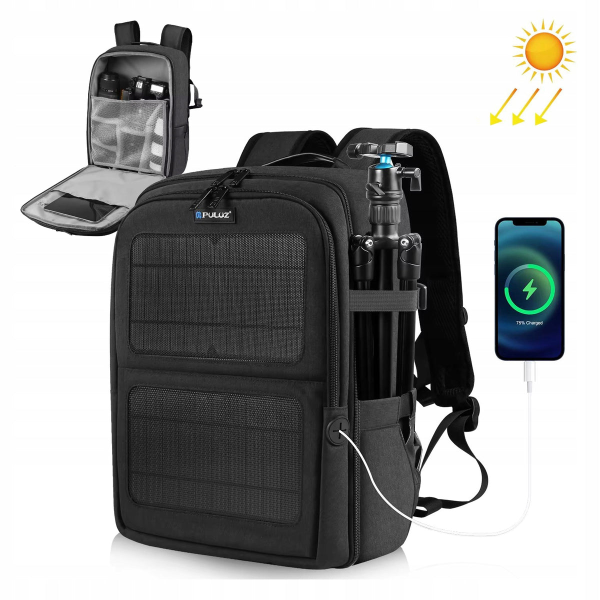 Waterproof photo backpack with solar panels Puluz PU5018B USB