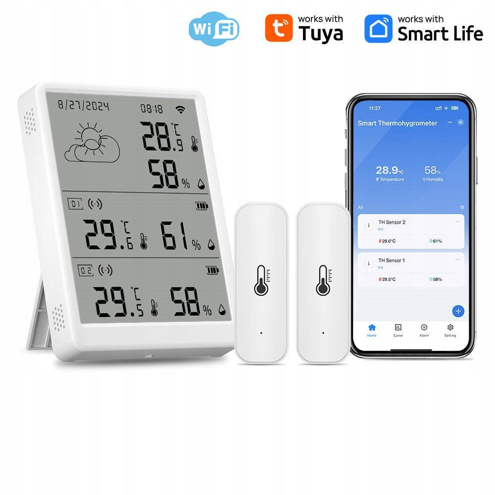Weather Station + 2x Sensor Temperature and Humidity Sensor LCD WiFi Tuya