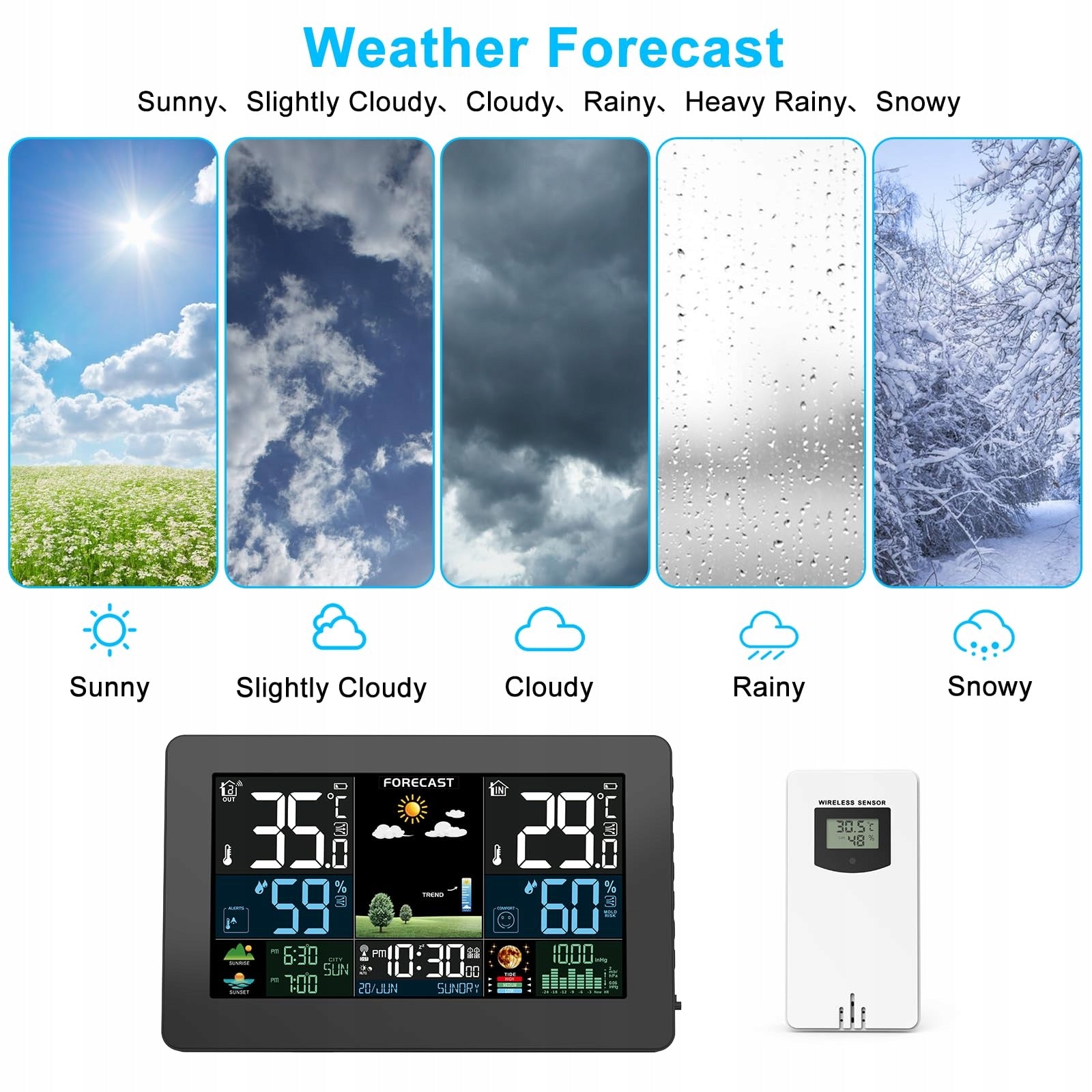 Weather Station with Weather Forecast and Thermometer Alarm Clock Humidity Black Packaging status original
