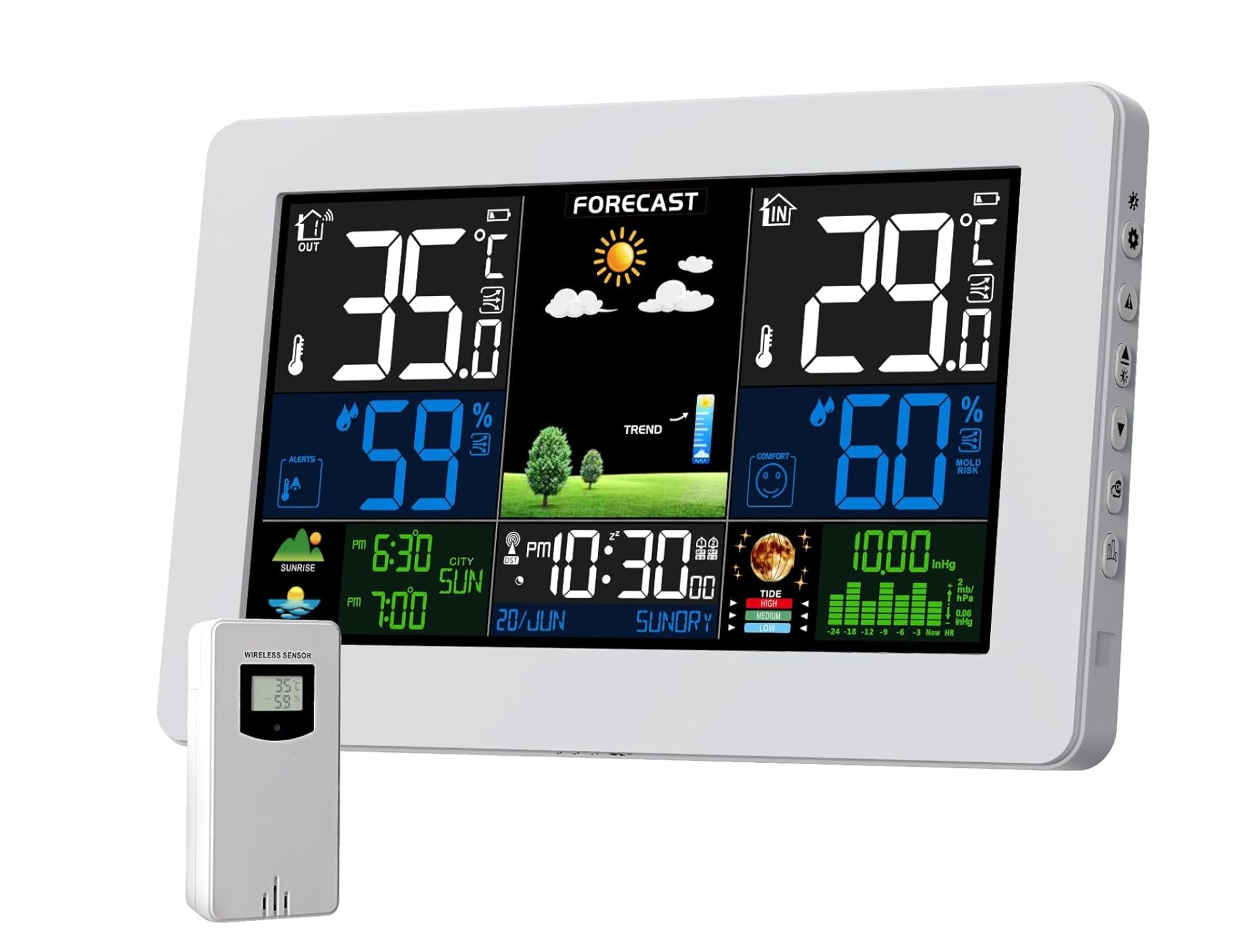 Weather Station with Weather Forecast and Thermometer Alarm Clock Humidity White