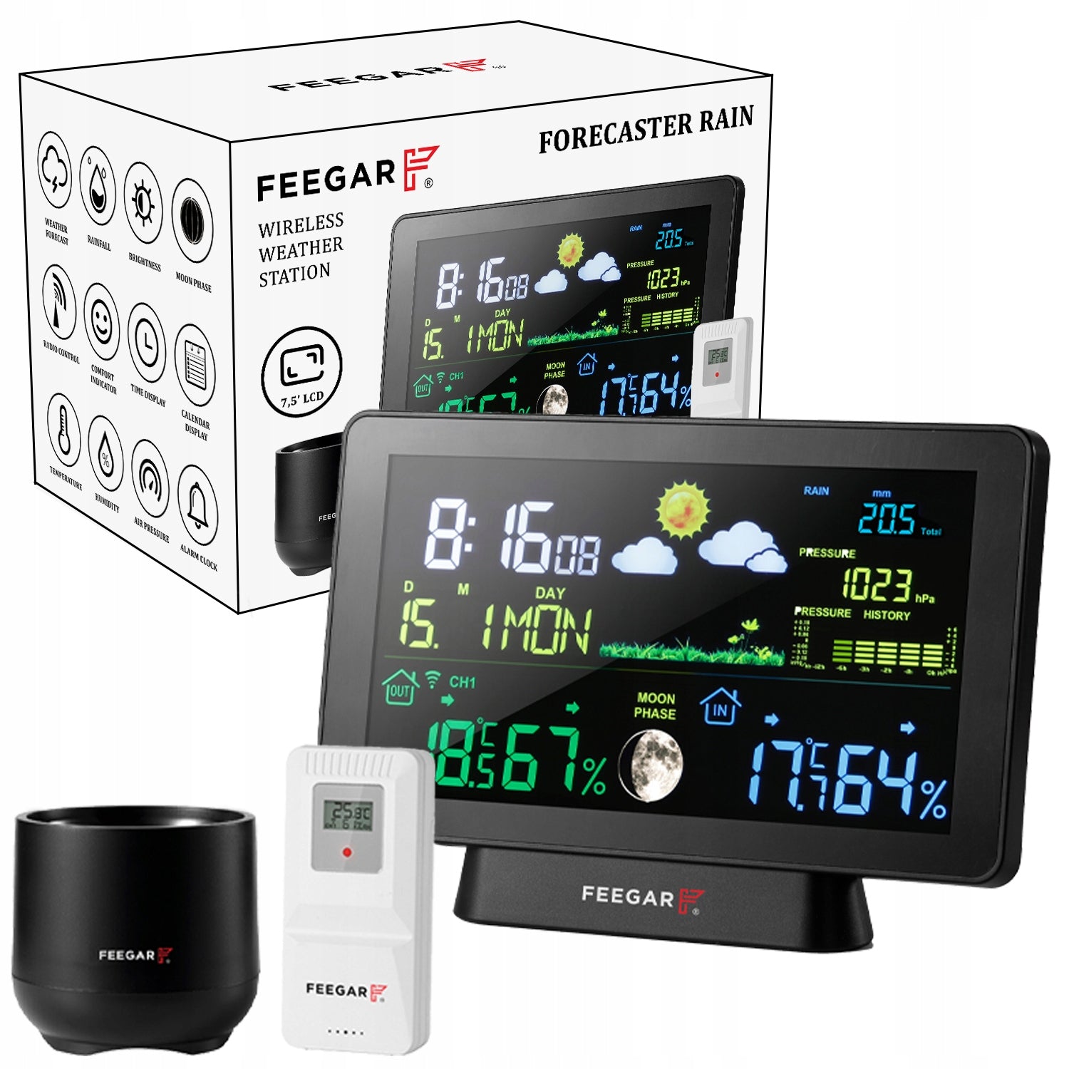 Weather station wireless Feegar Rain 7,5" Rain measurement temper