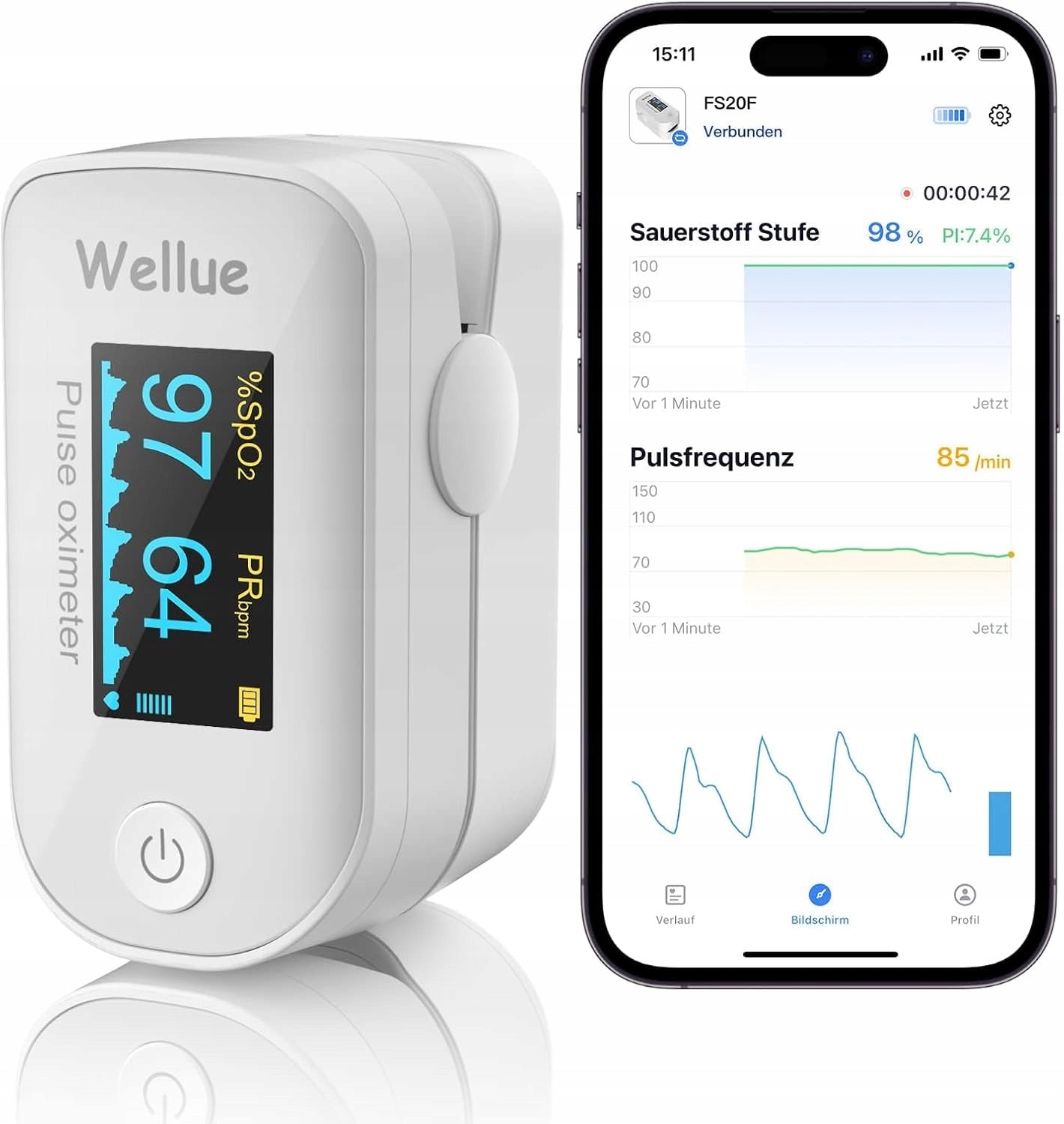 Wellue Pulse Oximeter With Finger Clip Bluetooth Blood Oxygen Meter