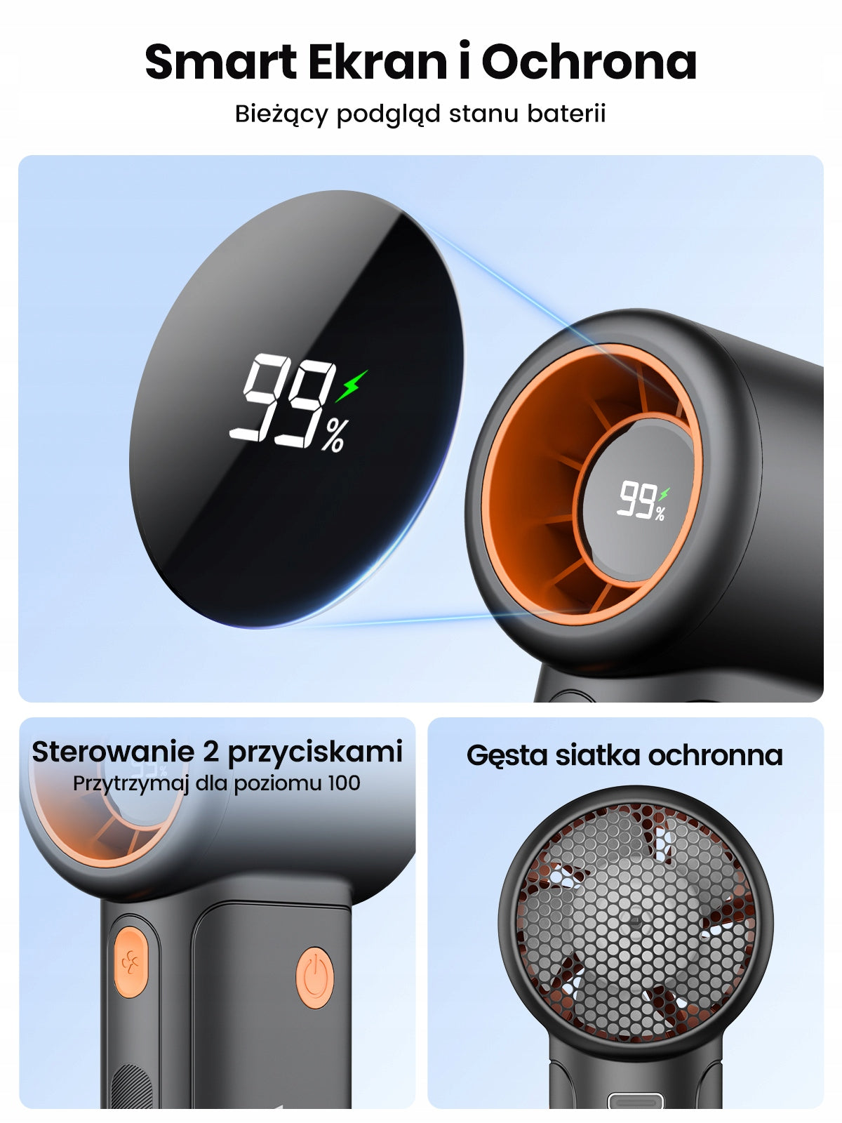 Wentylator Biurkowy Ręczny Warmco Przenośny 2w1 z Podstawką Mocny 10000mAh Model H3