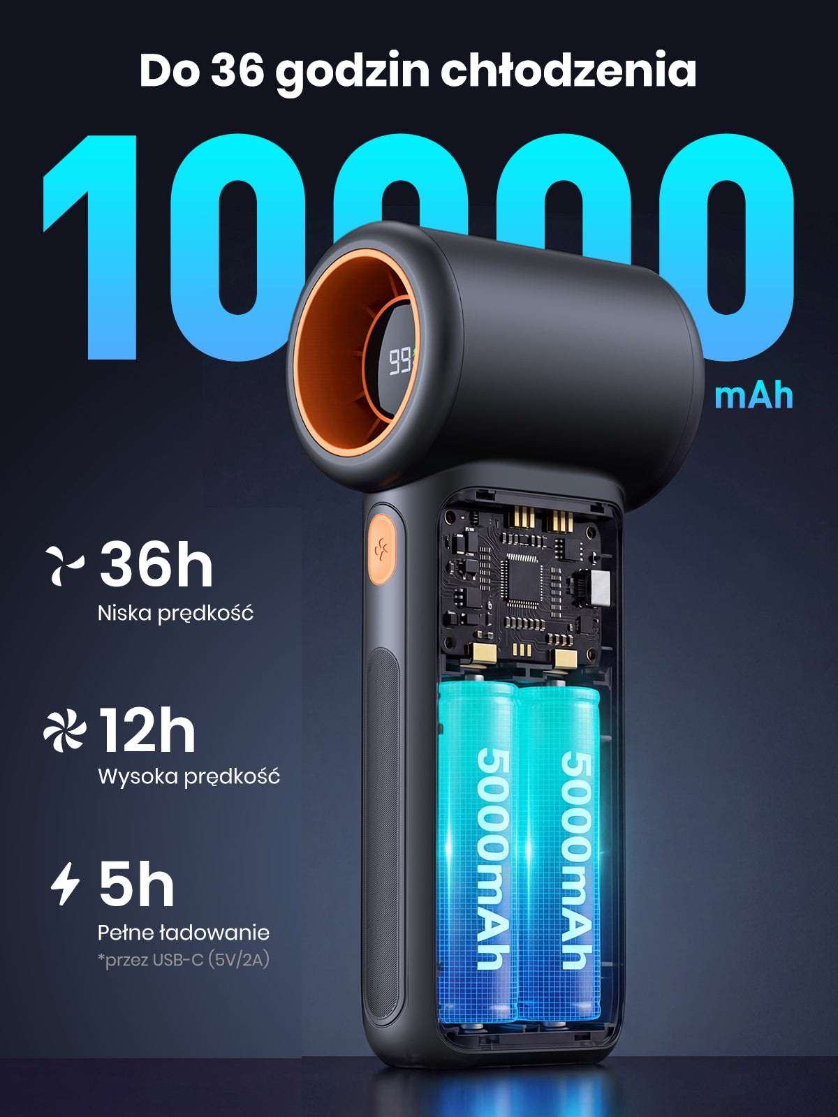 Wentylator Biurkowy Ręczny Warmco Przenośny 2w1 z Podstawką Mocny 10000mAh Packaging status original