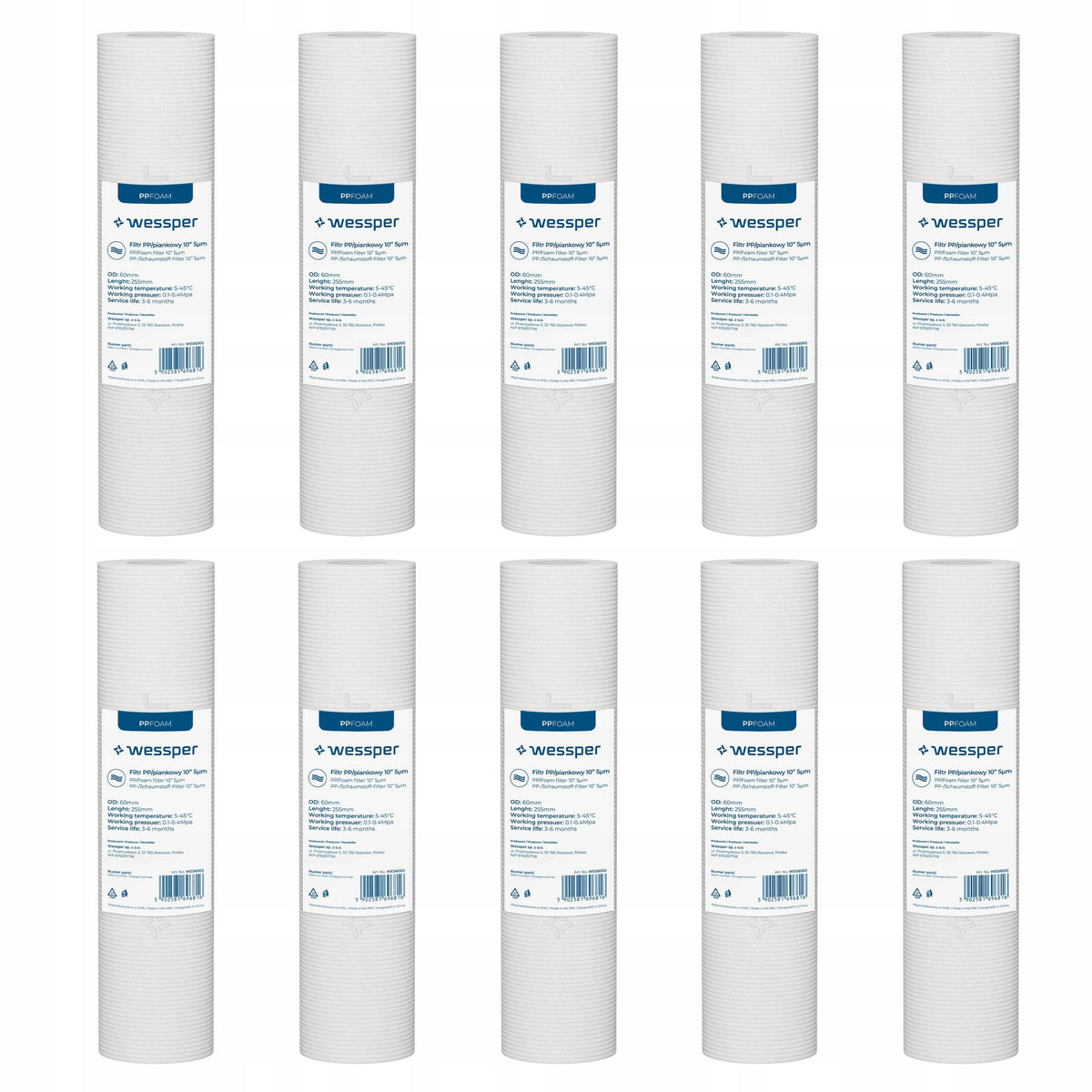 Wessper water filter foam filtration 10" preliminary 5 micron PP5 10 pieces Manufacturer code WES6002-10