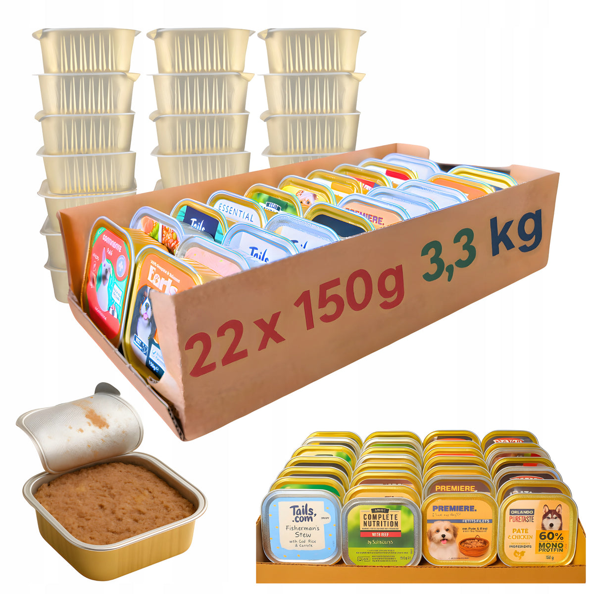 Wet Dog Food 22 x 150 g Tray Package Mixed Mix of Flavors 3,3 kg Packaging status original