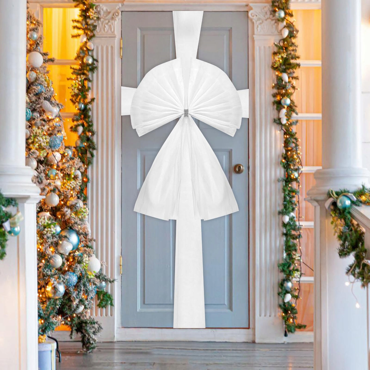 White Door Bow Tulle Zircons Large Decoration for Christmas Baptism Wedding